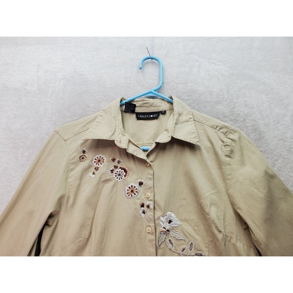 Carlie’s Court Shirt Women Medium Tan Embroidered Floral Slit Collar Button Down - Picture 3 of 8